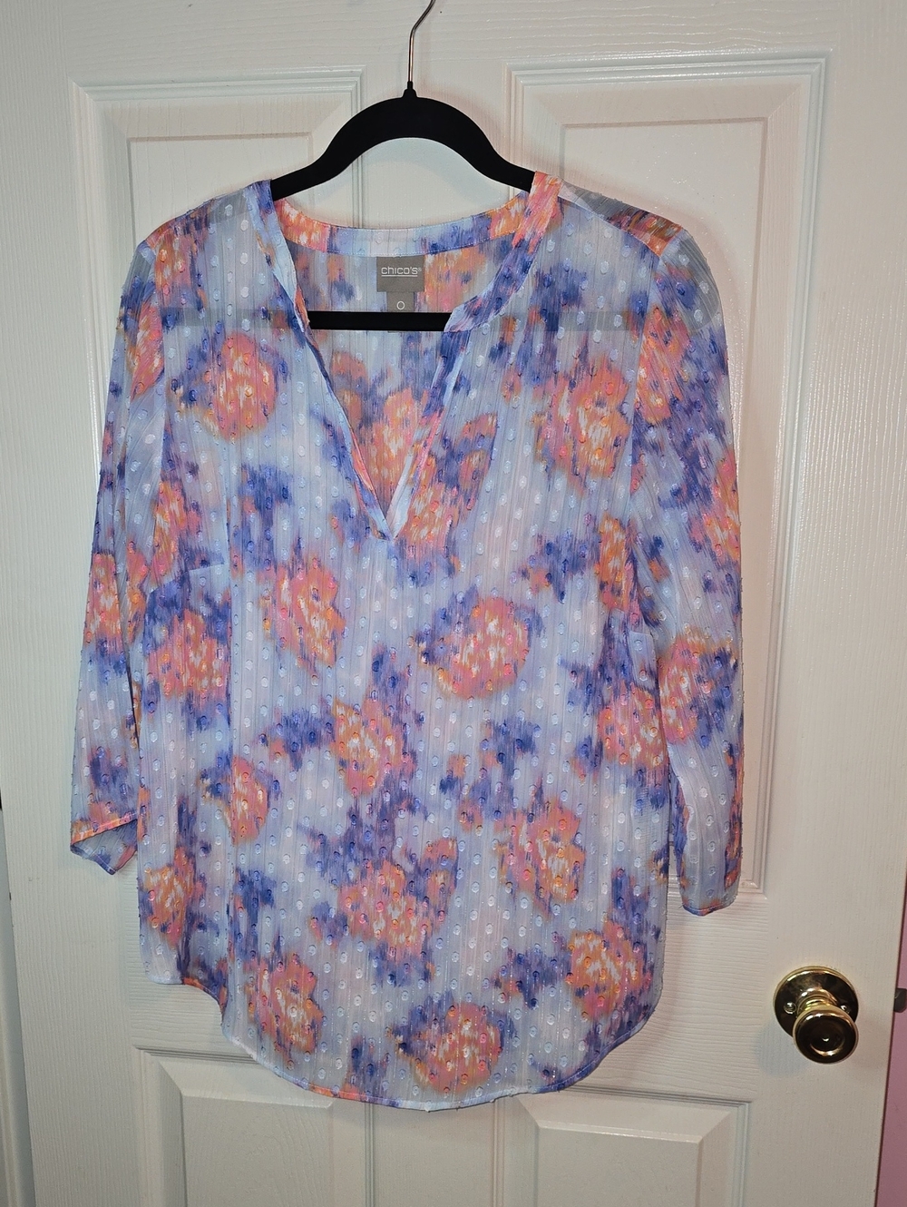 Chico's Lavender Sheer Blouse with Peach Floral Print